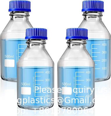 Réactif scientifique pour l'eau de laboratoire 500 ml bouteilles de verre rondes pour le stockage des médias avec bouchon à vis GL45, verre borosilicate