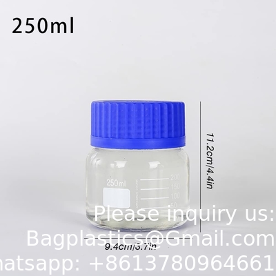 Bouteille en verre de laboratoire à réactif rond gradué à bouche large/entreposage avec bouchon à vis en polypropylène bleu GL80