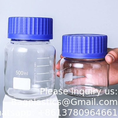 Bouteille en verre de laboratoire à réactif rond gradué à bouche large/entreposage avec bouchon à vis en polypropylène bleu GL80