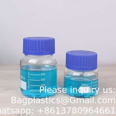 Bouteille en verre de laboratoire à réactif rond gradué à bouche large/entreposage avec bouchon à vis en polypropylène bleu GL80