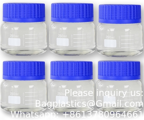 Bouteille en verre de laboratoire à réactif rond gradué à bouche large/entreposage avec bouchon à vis en polypropylène bleu GL80