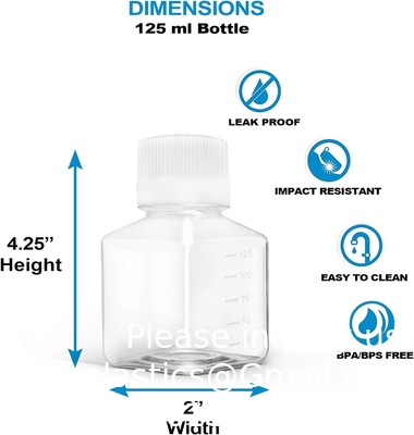 Bouteille de réactif en plastique scientifique de 125 ml 6 paquets de stockage chimique de laboratoire - polycarbonate carré gradué clair