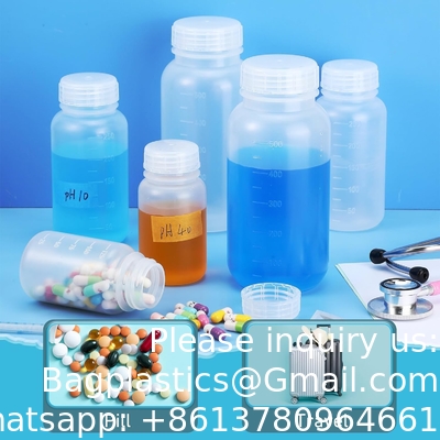 Bouteille de réactif en polypropylène à large bouche de laboratoire avec échelle graduée, bouteilles en plastique réutilisables avec bouchons