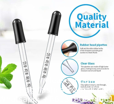 Gouttelette pour les yeux pour les huiles essentielles, pipettes, tête en caoutchouc, étalonné en verre épais