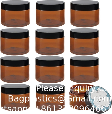 Des bocaux en plastique ambre avec couvercles et étiquettes, 12 paquets de contenants cosmétiques bruns vides pour les produits de beauté, beurre corporel