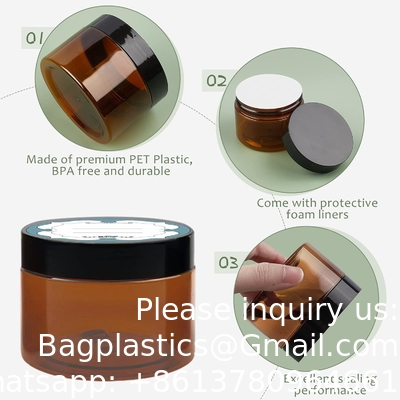 Des bocaux en plastique ambre avec couvercles et étiquettes, 12 paquets de contenants cosmétiques bruns vides pour les produits de beauté, beurre corporel