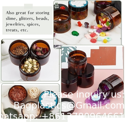 Des bocaux en plastique ambre avec couvercles et étiquettes, 12 paquets de contenants cosmétiques bruns vides pour les produits de beauté, beurre corporel
