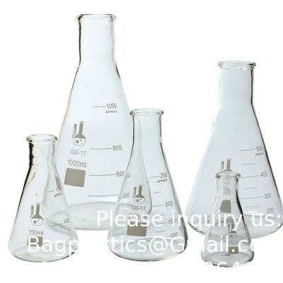 Flacon Erlenmeyer à bouche étroite avec bouchon en caoutchouc Flacon en verre 5 pièces, flacon Erlenmeyer à bouche étroite, borosilicate