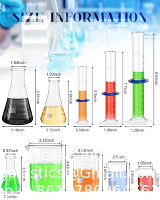 Ensemble de verres de laboratoire, ensemble de bouteilles de biberons, comprend les bouteilles Erlenmeyer, les bouteilles de verre, les bouteilles de mesure graduées