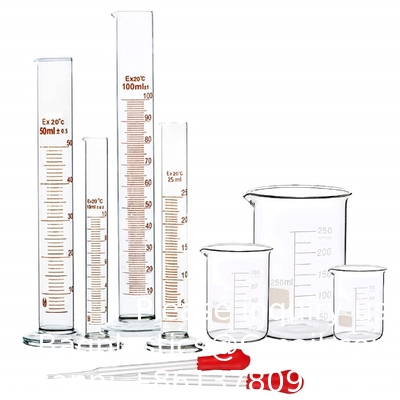 Ensemble de bouteilles en verre gradué 10 ml 25 ml 50 ml 100 ml, ensemble de biches en verre épais 50 ml 100 ml 250 ml avec 2 gouttières