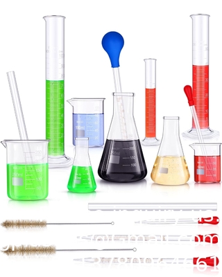 Ensemble de verres de laboratoire, ensemble de bouteilles de verre, ensemble de bouteilles de verre 3 bouteilles de verre 3 bouteilles d'Erlenmeyer 3 bouteilles de mesure graduées