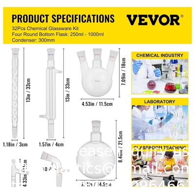 Produits en verre de laboratoire 24/40 Produits en verre de chimie 32 PCS Produits en verre de laboratoire Kit de distillation Séparation