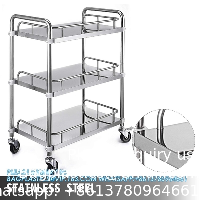 Chariot à roulettes de laboratoire 3 étagères étagère Chariot à roulettes en acier inoxydable de restauration Chariot d'utilité dentaire roue commerciale Dolly