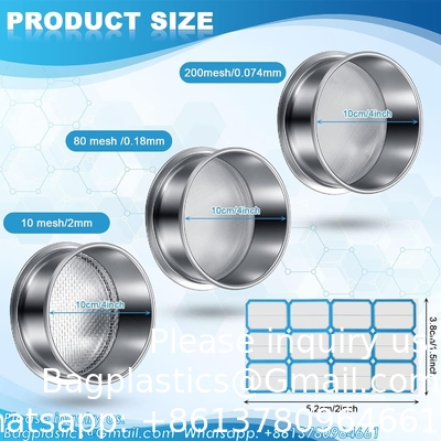 Siège de laboratoire en acier inoxydable 304, 200 mailles (0,074 mm), 80 mailles (0,18 mm), 10 mailles (2 mm) Siège d'essai à ouverture, diamètre 4 pouces