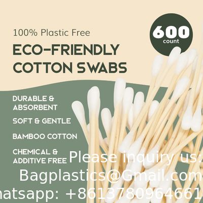 Écouvillons de coton biologique 600 packs - Écouvillons de coton végétalien biodégradables en bambou avec emballage à base de plantes, écouvillons d'oreille en bois