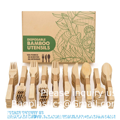 Un ensemble de couverts jetables en bois de bambou 100% naturel, écologique, biodégradable et compostable