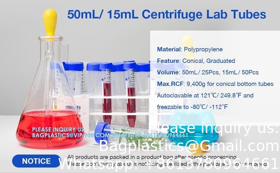 Tubes centrifugeuses de 15 ml, tubes coniques stériles 50 PCS, polypropylène, bouchons à vis étanches, récipient en plastique