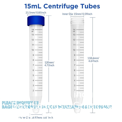 Tubes centrifugeuses de 15 ml, tubes coniques stériles 50 PCS, polypropylène, bouchons à vis étanches, récipient en plastique