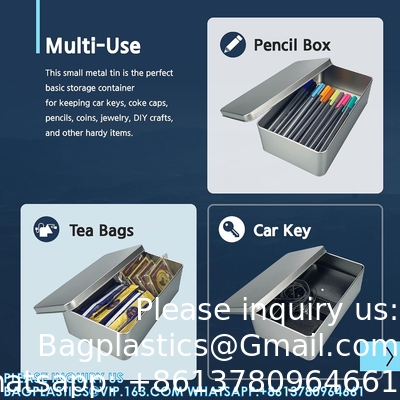 Couvercles de boîtes en fer blanc en métal argenté - Grand conteneur, support pour les clés de voiture, biscuits, étui à crayon, 8,2 x 4,7 x 2,4 pouces