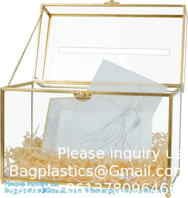 Boîte de cartes de mariage en verre avec fente, boîte de cartes transparente Boîte de stockage de cartes-cadeaux en laiton or Parfaite pour les réceptions de mariage