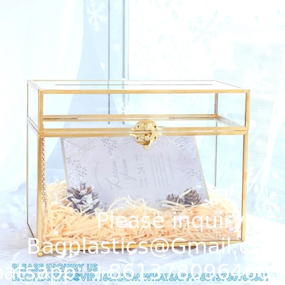 Boîte de cartes de mariage en verre avec fente, boîte de cartes transparente Boîte de stockage de cartes-cadeaux en laiton or Parfaite pour les réceptions de mariage