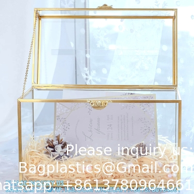 Boîte de cartes de mariage en verre avec fente, boîte de cartes transparente Boîte de stockage de cartes-cadeaux en laiton or Parfaite pour les réceptions de mariage