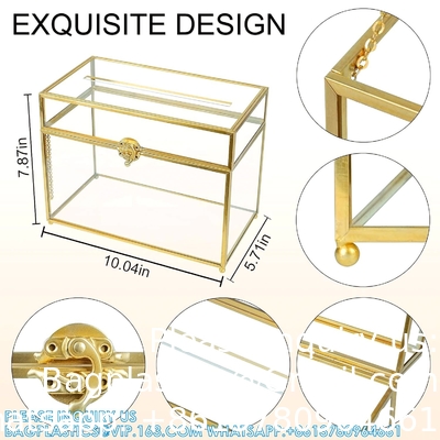 Boîte de cartes de mariage en verre avec fente, boîte de cartes transparente Boîte de stockage de cartes-cadeaux en laiton or Parfaite pour les réceptions de mariage