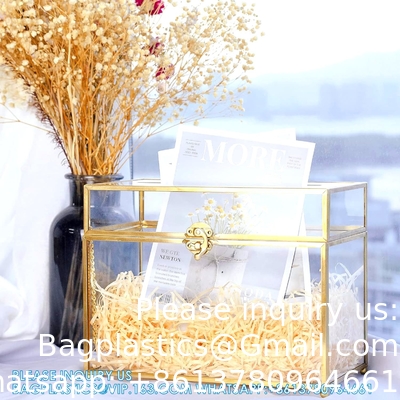 Boîte de cartes de mariage en verre avec fente, boîte de cartes transparente Boîte de stockage de cartes-cadeaux en laiton or Parfaite pour les réceptions de mariage