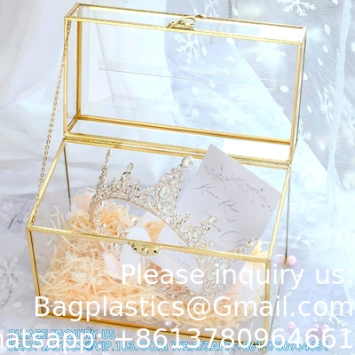 Boîte de cartes de mariage en verre avec fente, boîte de cartes transparente Boîte de stockage de cartes-cadeaux en laiton or Parfaite pour les réceptions de mariage