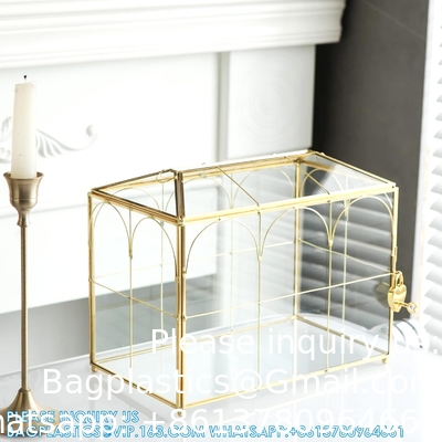 Boîte à cartes de mariage en verre avec fente, grande boîte à cartes transparente Boîte de stockage de cartes-cadeaux en laiton en or avec verrou pour mariage
