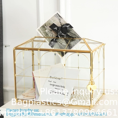 Boîte à cartes de mariage en verre avec fente, grande boîte à cartes transparente Boîte de stockage de cartes-cadeaux en laiton en or avec verrou pour mariage