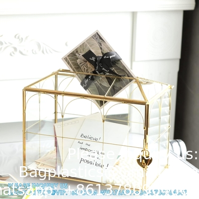 Boîte à cartes de mariage en verre avec fente, grande boîte à cartes transparente Boîte de stockage de cartes-cadeaux en laiton en or avec verrou pour mariage