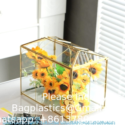 Boîte à cartes de mariage en verre avec fente, grande boîte à cartes transparente Boîte de stockage de cartes-cadeaux en laiton en or avec verrou pour mariage
