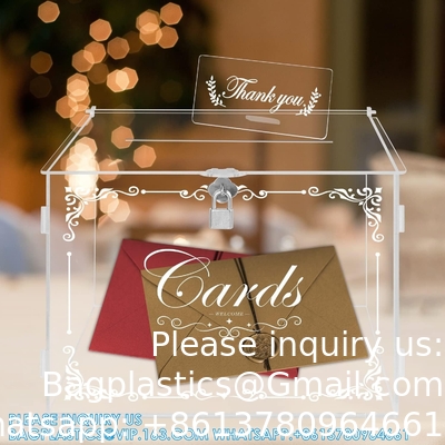 Boîte de cartes de mariage en acrylique boîte de cadeau de courrier, boîte de carte transparente boîtes d'enveloppe de grande lettre avec serrure et fente