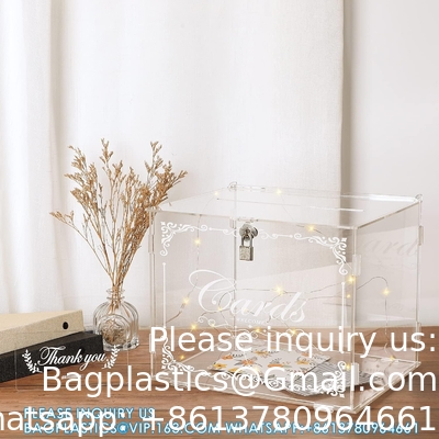 Boîte de cartes de mariage en acrylique boîte de cadeau de courrier, boîte de carte transparente boîtes d'enveloppe de grande lettre avec serrure et fente