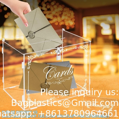 Boîte de cartes de mariage en acrylique boîte de cadeau de courrier, boîte de carte transparente boîtes d'enveloppe de grande lettre avec serrure et fente