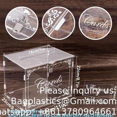 Boîte de cartes de mariage en acrylique boîte de cadeau de courrier, boîte de carte transparente boîtes d'enveloppe de grande lettre avec serrure et fente