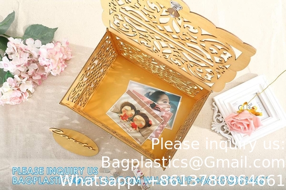 Boîtier à billets de mariage avec panneau, grand enveloppe en bois rustique en bois bricolage boîtes d'ombres de cartes-cadeaux avec serrure