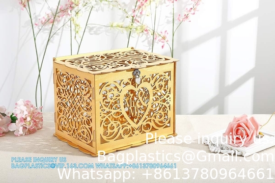 Boîtier à billets de mariage avec panneau, grand enveloppe en bois rustique en bois bricolage boîtes d'ombres de cartes-cadeaux avec serrure