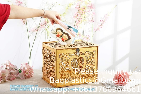 Boîtier à billets de mariage avec panneau, grand enveloppe en bois rustique en bois bricolage boîtes d'ombres de cartes-cadeaux avec serrure