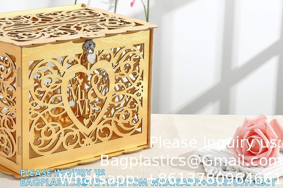 Boîtier à billets de mariage avec panneau, grand enveloppe en bois rustique en bois bricolage boîtes d'ombres de cartes-cadeaux avec serrure