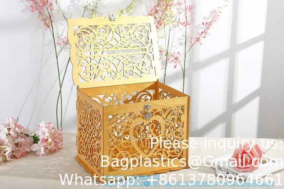 Boîtier à billets de mariage avec panneau, grand enveloppe en bois rustique en bois bricolage boîtes d'ombres de cartes-cadeaux avec serrure