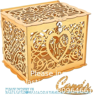 Boîtier à billets de mariage avec panneau, grand enveloppe en bois rustique en bois bricolage boîtes d'ombres de cartes-cadeaux avec serrure