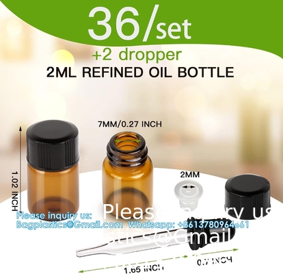 Bouteilles d'huile pour les huiles essentielles, 36 pcs 2 ml (5/8 Dram) Bouteilles en verre ambre, réducteurs d'orifice et capuchons noirs