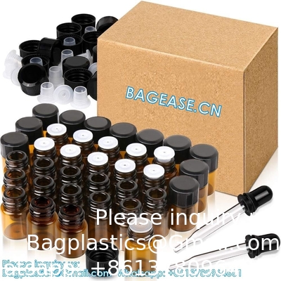 Bouteilles d'huile pour les huiles essentielles, 36 pcs 2 ml (5/8 Dram) Bouteilles en verre ambre, réducteurs d'orifice et capuchons noirs