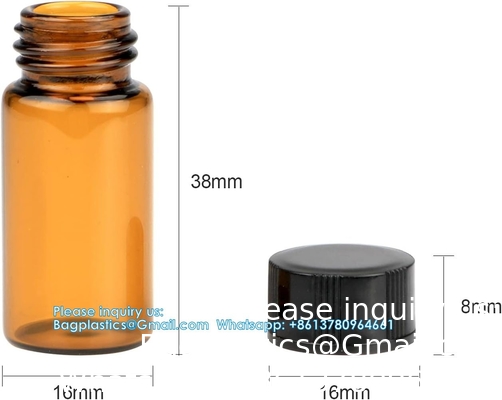 Bouteilles d'huile pour les huiles essentielles, 36 pcs 2 ml (5/8 Dram) Bouteilles en verre ambre, réducteurs d'orifice et capuchons noirs