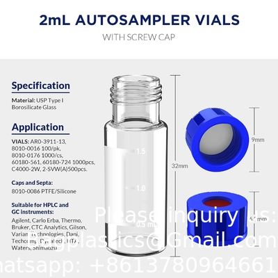 Flacons d'échantillonnage automatique de 2 ml avec zone d'écriture et graduations, 9-425 HPLC, bouchon à vis, PTFE blanc et sépta de silicone rouge