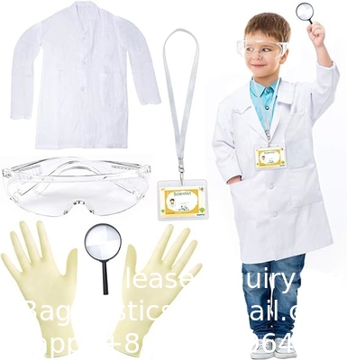 Des enfants scientifiques en costume de laboratoire, en lunettes, en carte d'identité, une expérience scientifique pour les 3 à 10 ans.