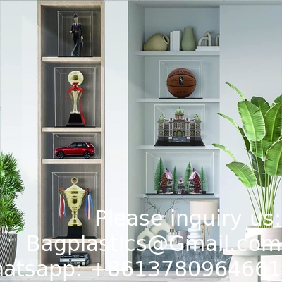 Casse d'affichage acrylique transparente, boîte d'affichage auto-assemblable avec base acrylique noire, boîte de comptoir Cube Organizer Stand Riser