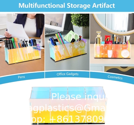 Porte-crayons transparents colorés, Porte-crayons acrylique, Organisateur de maquillage 4 compartiments pour bureau, bureau, bureau